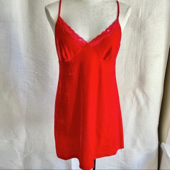Vintage 90s M/L Velvet Babydoll Slip Dress Red - Picture 1 of 8